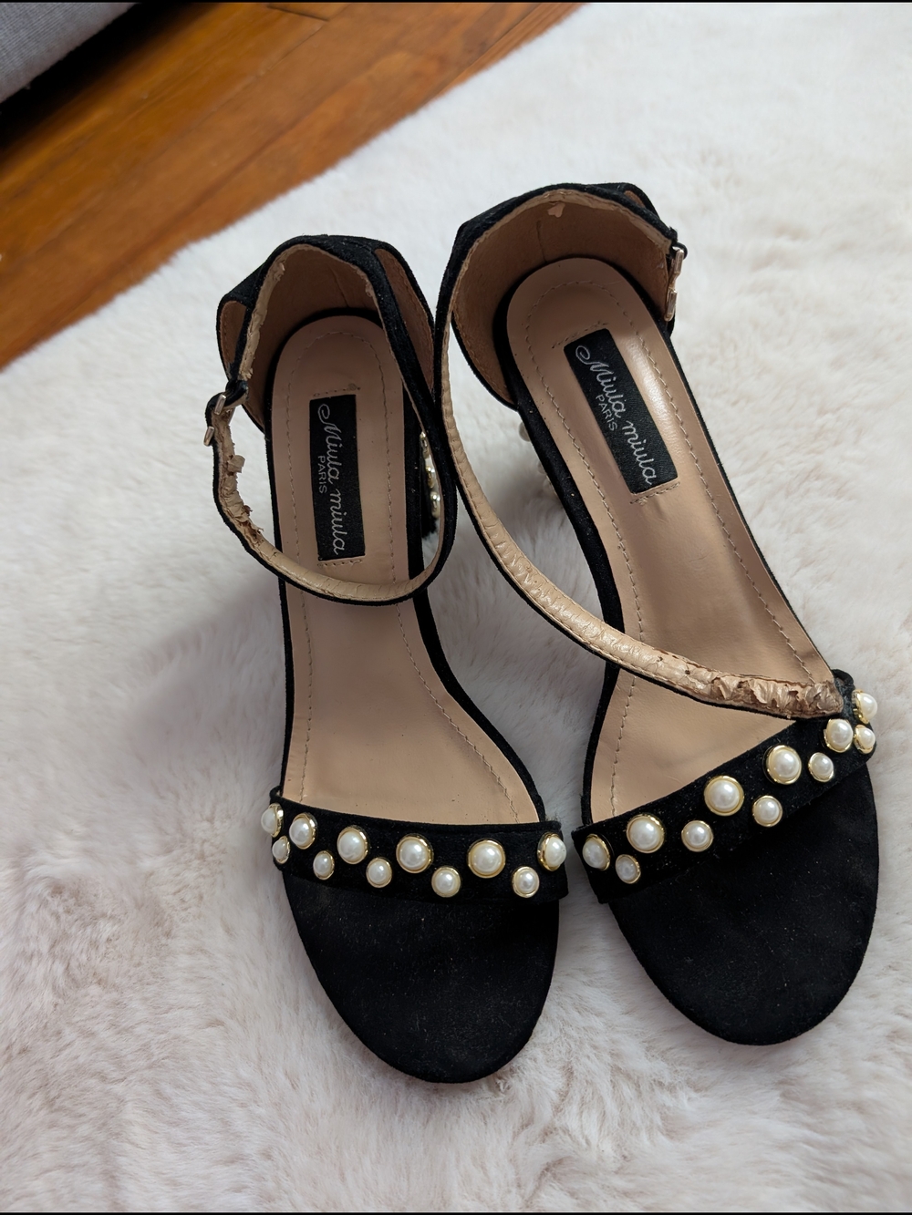 Miu Miu Black Pearl-Trim Suede Ankle-Strap Heels